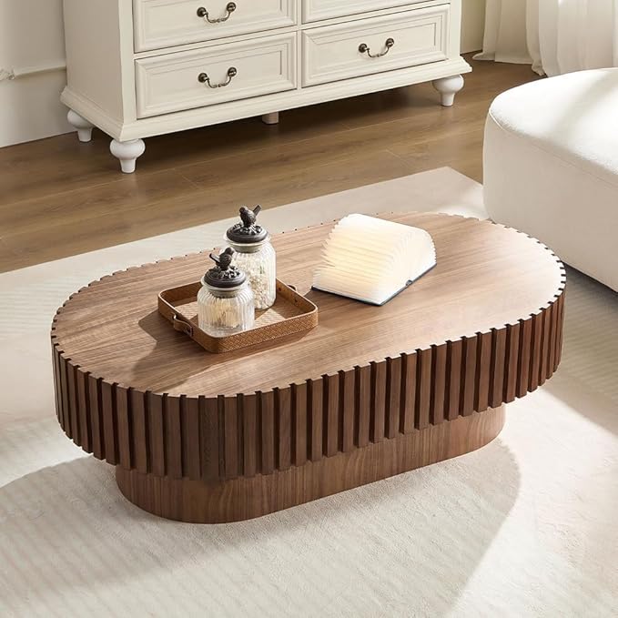 43.7" Oval Coffee Table for Living Room,Modern Handcraft Drum Coffee TableSmall Wooden Coffee Table with Sturdy Pedestal Easy Assembly for Office-Walnut-Ruum Studio Home