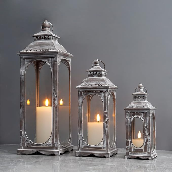 TRIROCKS Set of 3 Vintage Candle Lanterns 10/14/19.5''H Decorative Outdoor Lantern Metal Candle Holder with Tempered Glass for Home Living Room Garden Yard Parties Event Indoors Outdoors (Cement Grey)-Ruum Studio Home