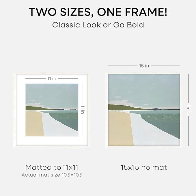 Homeforia 15x15 White Picture Frame, High End Oak 15 x 15 Square Wood Frames with Mat 11 by 11 inches Photo, 15by15 White Wooden Poster Frames Matted to 11x11 Print, Tempered Glass, Wall Kit, Set of 1-Ruum Studio Home
