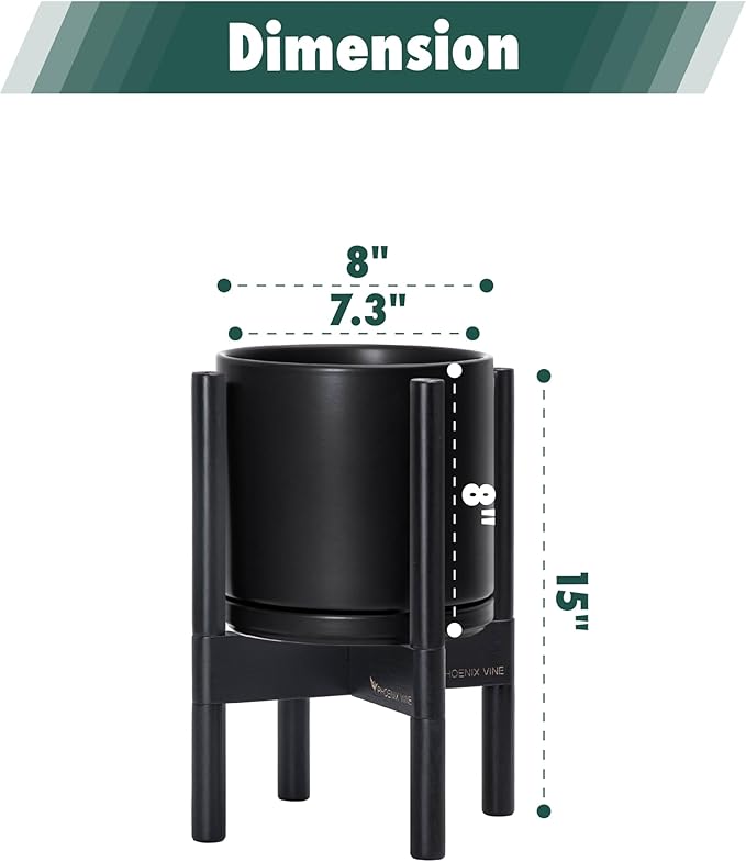 D'vine Dev Ceramic Planter with Ebony Stand - 8 Inch Modern Round Flower Pot with Wood Planter Holder, Black, 55-B-M-2-Ruum Studio Home