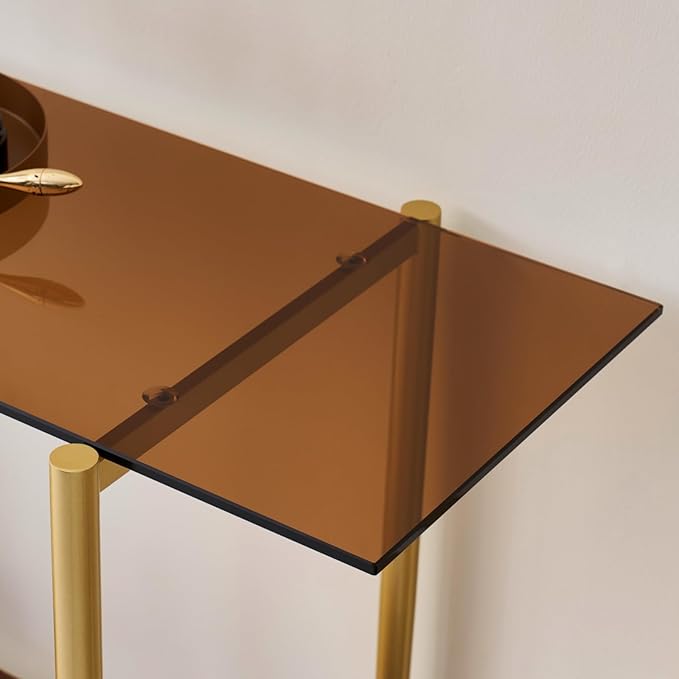 Glass Console Table for Living Room, Foyer & Entrance, 2-Tiers Mid-Century Modern Sofa Table with Amber Glass Top, Walnut Finish Wood Shelf and Gold Finish Frame-Ruum Studio Home