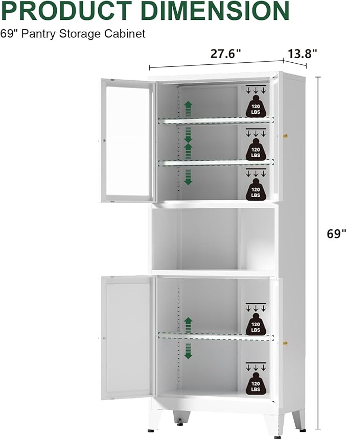 69" Tall Pantry Cabinet, Kitchen Storage Cabinet with 2 Glass Doors and Adjustbale Shelves, Freestanding Metal Cupboards for Dining Room, Living Room, Bathroom-Ruum Studio Home