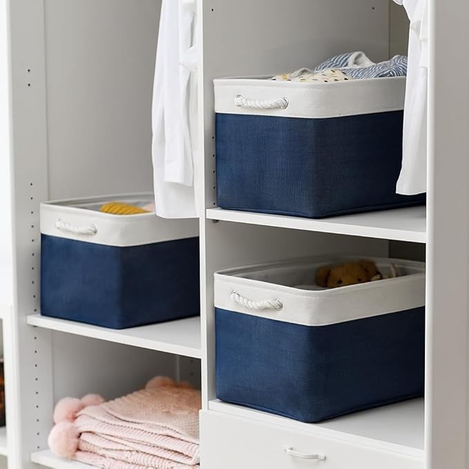 TheWarmHome Organization and Storage for Organizing - 3 Pack 16x12x12 inch Cube Storage Bin for Shelves, Fabric Storage Cubes for Closet Cloth Organizer Gift Toy (White & Jean Blue)-Ruum Studio Home