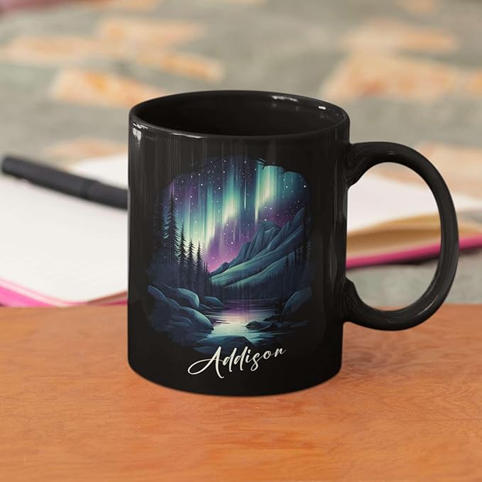 Customized Name Coffee Cup 11oz 15oz, Personalized Northern Lights Landscape Mug, Scenic Mountain And River Black Cup, Custom Northern Lights Inspired Ceramic Mug, Gift For Women-Ruum Studio Home