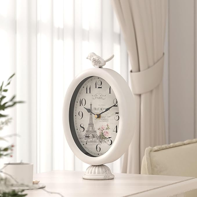 Vintage Table Clock with Bird, Desk and Shelf Decor Clock, French Paris Style, Antique White Metal Mantel Clocks for Living Room, Farmhouse, Bedroom, Bedside, Gift (10" H x 5.9" W)-Ruum Studio Home