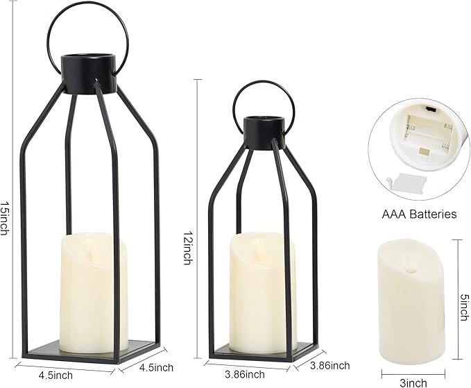 HPC Decor Modern Farmhouse Lanterrn Decor- Black Metal Candle for Summer Night- Lanterns w/Timer Flickering Candles for Living Room,Home,Indoor, Outdoor,Table,Fireplace Mantle Décor-Ruum Studio Home