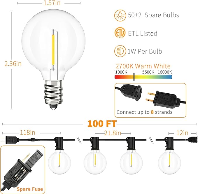 Svater Outdoor String Lights Waterproof 100 FT, LED Patio Lights Outside with 52 Shatterproof G40 Bulbs, Dimmable Hanging Globe Lighting for Bistro Backyard Cafe Market Porch, Warm White 2700K-Ruum Studio Home