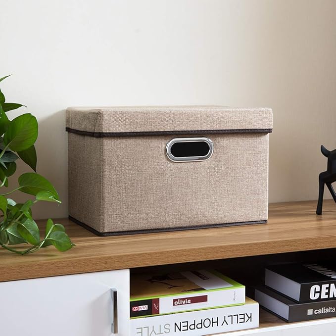 PRANDOM Collapsible Storage Cubes with Lids [1-Pack] Jute Fabric Foldable Storage Boxes Organizer Containers Baskets Bins with Cover for Home Bedroom Closet Office Nursery (14.9x9.8x9.8)-Ruum Studio Home