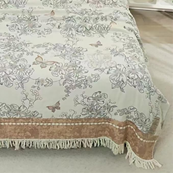 Boho Muslin Blanket for Adults 4-Layer Gauze Twin Size Soft Cozy 100% Cotton Summer Cooling Blanket Floral Decor for Sofa Bed Coverlet Both Sides (Tassels Floral Tan, Twin 60 x 80 in)-Ruum Studio Home