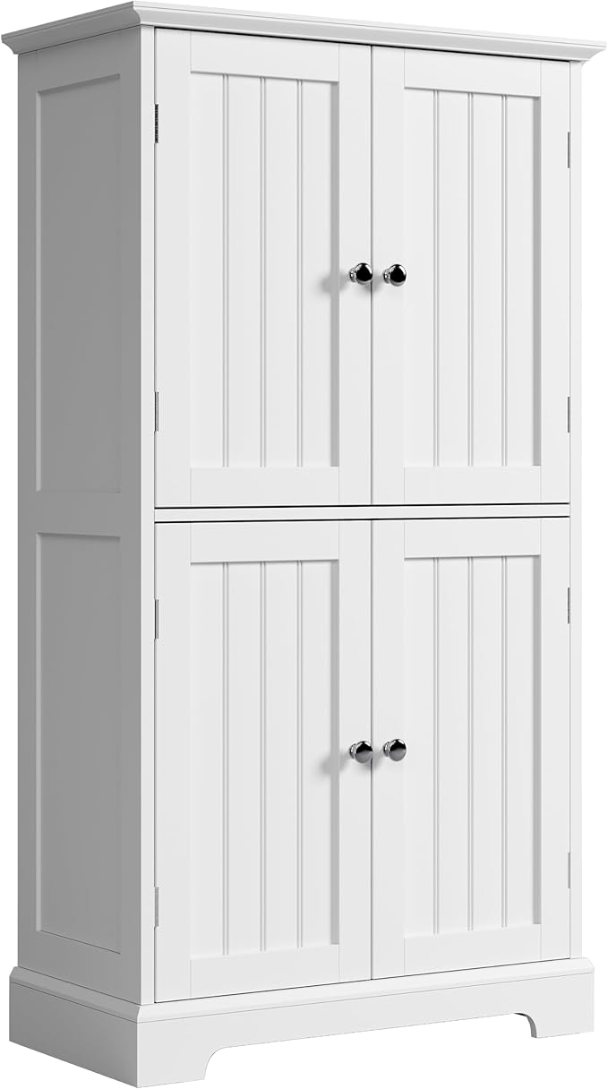 ChooChoo Bathroom Floor Cabinet, Modern Bathroom Storage Cabinet with 4 Doors and Adjustable Shelves, Freestanding Cupboard for Living Room, White-Ruum Studio Home