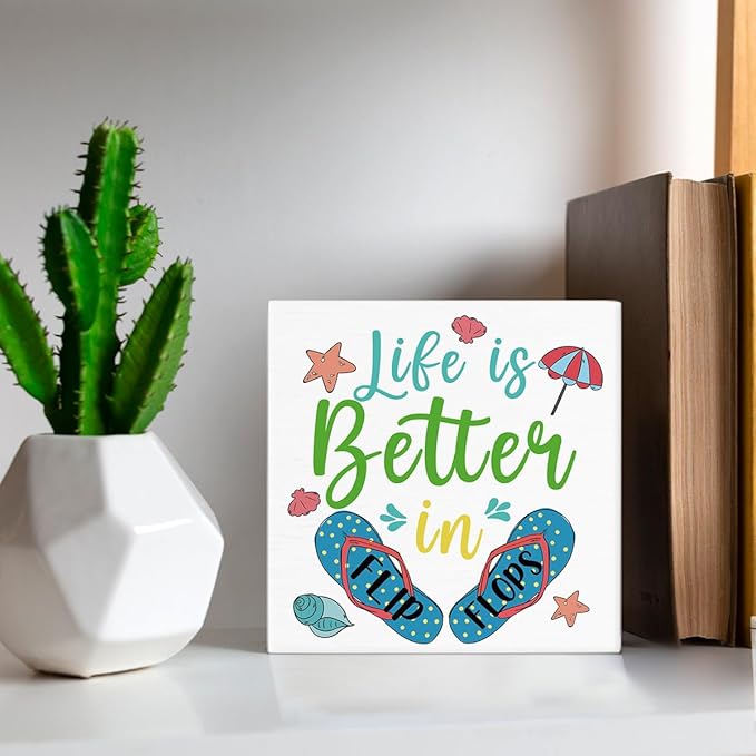Summer Decor Beach Decorations Flip Flop Wooden Sign Rustic Home Decor 5 x 5 Inches-Ruum Studio Home