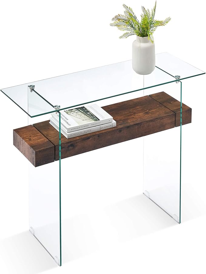 ivinta Glass Console Table with Storage, 39.4" Modern Sofa Table for Living Room, Foyer, Hallway, Bedroom 5101 (Dark Brown)-Ruum Studio Home
