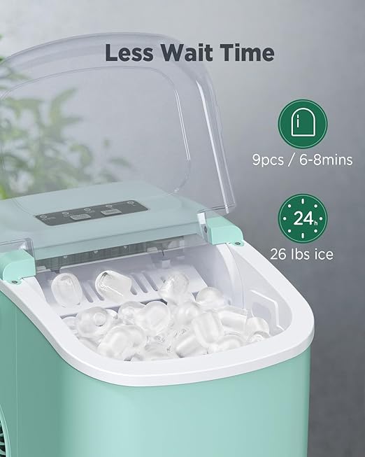 Silonn Countertop Ice Maker, 9 Cubes Ready in 6 Mins, 26lbs in 24Hrs, Self-Cleaning Ice Machine with Ice Scoop and Basket, 2 Sizes of Bullet Ice for Home Kitchen Office Bar Party, Green-Ruum Studio Home