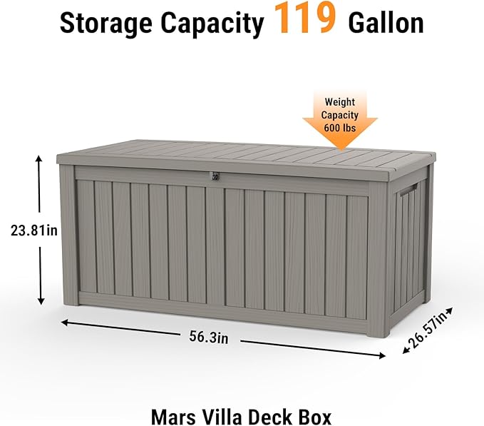 Mars Villa 119 Gallon Outdoor Storage Box Waterproof, Large Resin Deck Box for Pool Supplies Storage, Outdoor Patio Furniture Cushions, with Hydraulic Hinge, UV-Resistant and Weatherproof, Greige-Ruum Studio Home