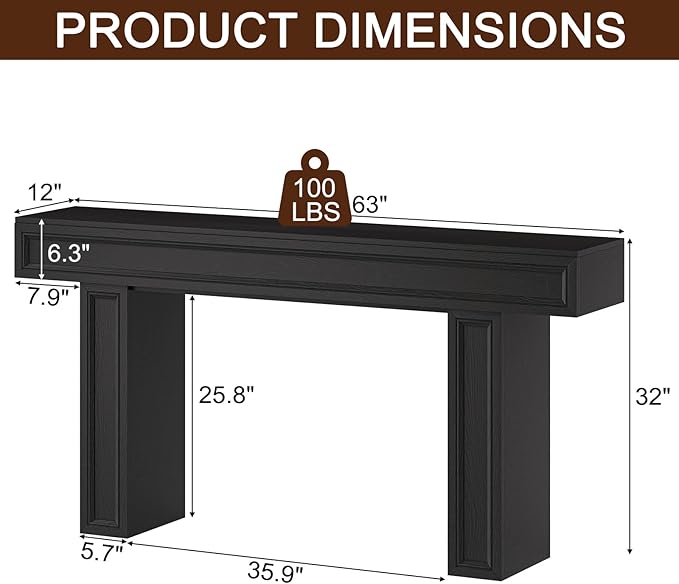 Rresyet 63 Inch Long Console Table, Sofa Table Behind Sofa, Wooden Entryway Table, Farmhouse Entryway Table for Entry, Hallway, Living Room (Black)-Ruum Studio Home