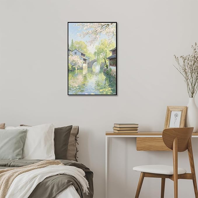 Small bridge stream house Jiangnan style landscape poster suitable for living room bedroom office natural oil painting poster-Ruum Studio Home