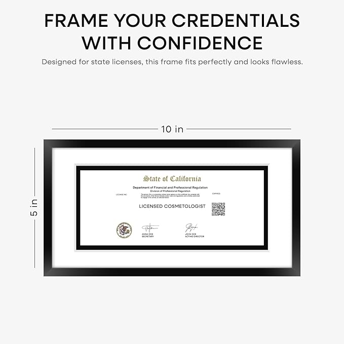 Homeforia 5x10 Business License Frame Black, High End Metal 5 x 10 Document Certificate Frame with Mat 4x9, 5 by 10 Professional License Frames for Wall or Tabletop, Tempered Glass, Wall Kit, Set of 1-Ruum Studio Home