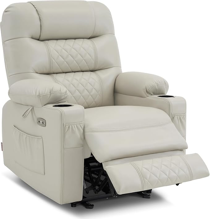 MCombo Zero Gravity Power Recliner Chair with Heat and Vibration Massage, Reclining Chair with USB Ports, Cup Holders for Living Room, Faux Leather PR621 (Light Grey)-Ruum Studio Home