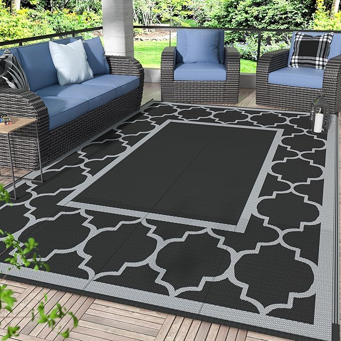 GENIMO Outdoor Rug Waterproof for Patio Decor, 6'x9' Reversible Plastic Straw Rug Carpet, Camping Mats for Outdoor, RV, Backyard, Deck, Balcony, Picnic, Black & Grey-Ruum Studio Home