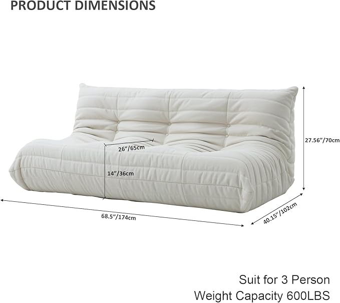 Luxury Sofa Couch Chair, Lazy Floor Seating, Fireside Bean Bag Chair, Ergonomic Tatami Sofa Lounger for Living Room, Bedroom, Office, 3 Seat, White-Ruum Studio Home