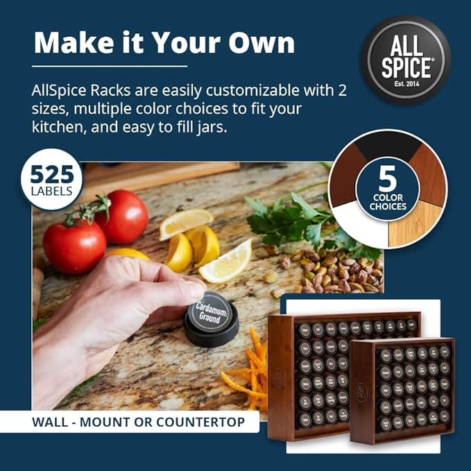 AllSpice Spice Rack Organizer, Wood, 525 Unique Labels, Countertop or Wall Mount, Includes 30 4oz Jars- Walnut Stain-Ruum Studio Home