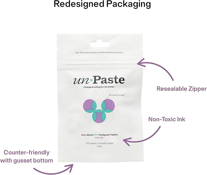 New Formula, Unpaste Toothpaste Tablets, Fluoride Mint, Xylitol Free, Vegan, Plastic Free, Travel-Friendly, Resealable Packet, 125ct, 2 Month Supply-Ruum Studio Home