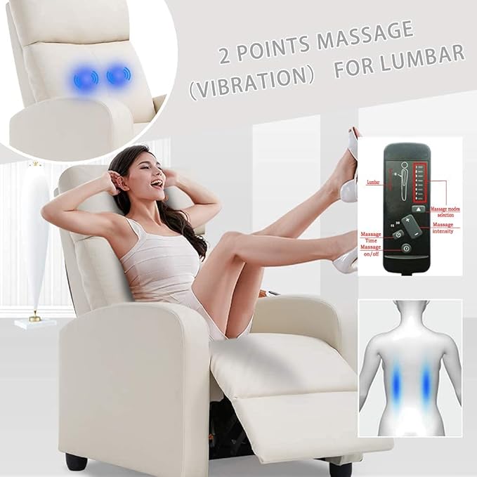 BestMassage | Recliner Chair | with 2 Point Massage Function | Textile Beige | with Lumbar Support, Adjustable Push Back, Footrest & Padded Seat | Easy Assembly | for Living Room, Home Theatre-Ruum Studio Home