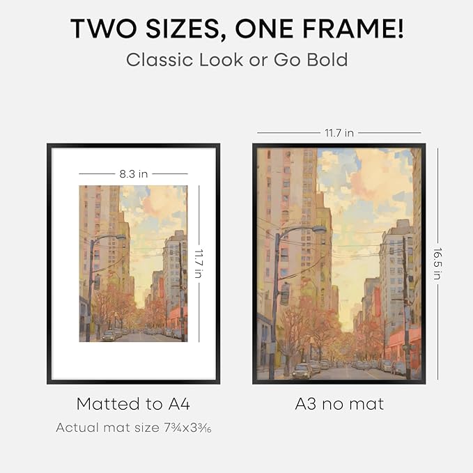 Homeforia A3 Picture Frame Black, High End Metal 11.7 x 16.5 inch Poster Frames with Mat 8.3 x 11.7 for Photo, A3 Size Frames Matted to A4 Print, 11.7x16.5 Wall Hanging Frame, Tempered Glass, Set of 1-Ruum Studio Home
