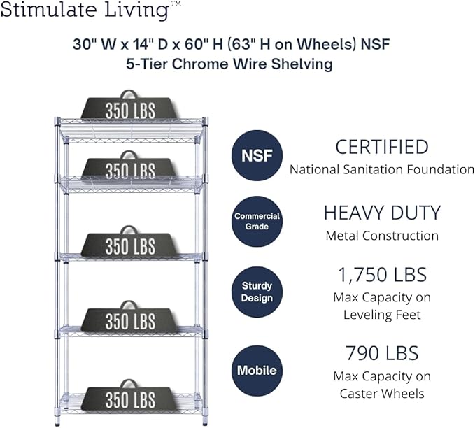 30"x14"x60" PRIME HEAVY DUTY Chrome 5-Tier Wire Shelving 1,750 LBS MAX Capacity Storage Rack for Commercial, School, Home, Garage, Warehouse, Industrial, and Hospital Uses (with Wheels)-Ruum Studio Home