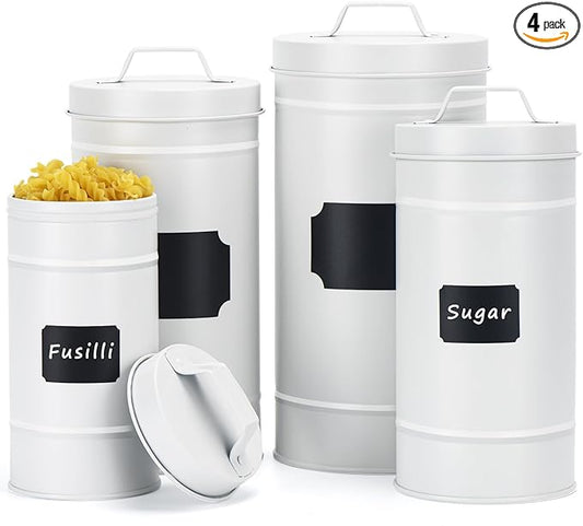 Farmhouse Canister Set for Kitchen Countertop, Airtight Nesting Kitchen Canisters Set of 4, Mental Flour Sugar Coffee Tea Storage Canister Jars, Vintage Country Design, White-Ruum Studio Home