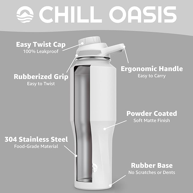 Chill Oasis Water Bottle | Compatible With Popular Flavor Cartridges | BPA Free, Leak Proof, Double-Walled Vacuum Insulated Stainless Steel, and Dishwasher Safe | Cold for 24 Hours (White, 32oz)-Ruum Studio Home