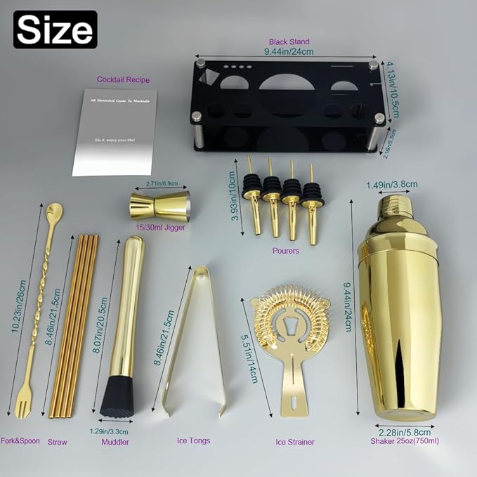 14-Piece Cocktail Shaker Set Bartender Kit with Black Stand, Bar Tool Set for Drink Mixing Bartending Kit Bar Sets Accessories: 750ml(25oz) Shaker, Jigger, Muddler, Cocktail Recipes (Gold)-Ruum Studio Home