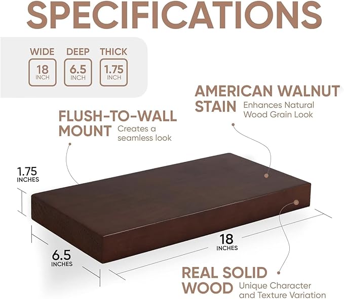 Homeforia Walnut 18 inch Floating Shelf, High End Solid Real Wood 18inch Floating Shelves for Wall Mounted, Dark Brown 18 inches Long Floating Shelves, Heavy Duty Bracket, 18 X 6.5 X 1.75 in, Set of 2