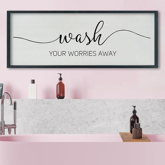 SRSZHIYUE Wash Your Worries Away Bathroom Sign Wall Art 40"x15" Funny Restroom Toilet Large Wood Framed Hanging Decor (Black)-Ruum Studio Home
