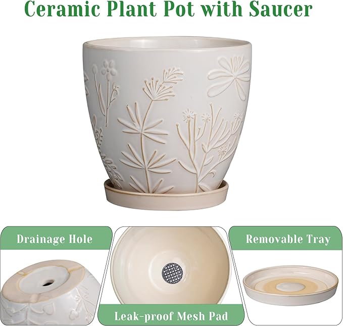 10 Inch Plant Pot Ceramic Planter Pot with Drainage Hole and Saucer Round Planter Large Flower Pot for Indoor Outdoor Plants Home Garden Decor White-Ruum Studio Home