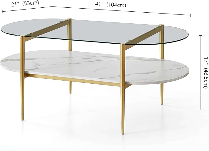 Oval Coffee Table, Mid-Century Modern Design, L41 x W21 x H17 inch, for Living Room, Clear Glass Top, White Marble Finish Wood Shelf & Gold Finish Frame-Ruum Studio Home