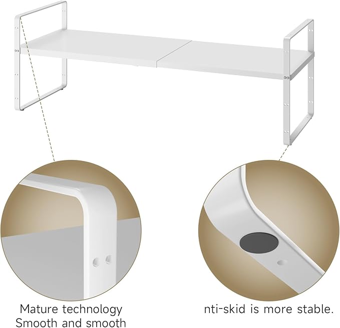 16.5~27.1" Expandable Shelf Organizer, 2Pack 8.1" Wide Stackable Cabinet Shelf Organizers, White Metal Sturdy Kitchen Counter Storage for Countertop, Adjustable Height Spice Rack-Ruum Studio Home
