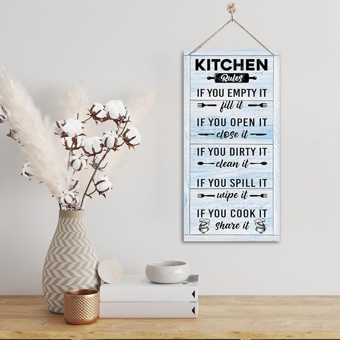 Hanging Kitchen Rules Wood Decor Sign, Rustic Kitchen Wooden Signs, Printed Wood Wall Art Sign, Kitchen Door Rules Rustic Sign, Hanging Wood Sign Kitchen Decor, Funny Farmhouse Kitchen Wall Décor D1-Ruum Studio Home