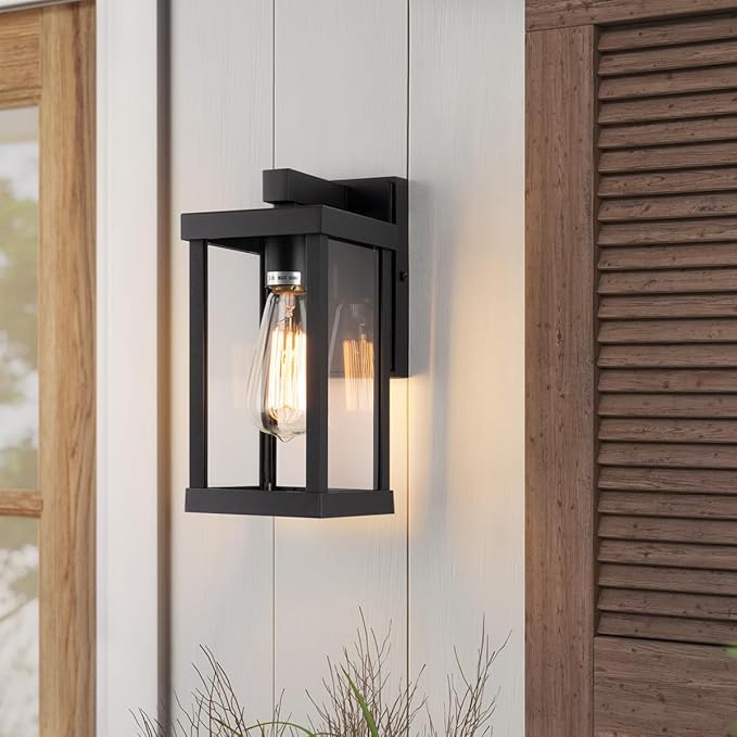 mirrea 11" Classic Outdoor Wall Sconce 1 Light in Matte Black Rectangular Metal Frame and Clear Glass Shade Waterproof Porch Light Patio Light Pack of 2-Ruum Studio Home