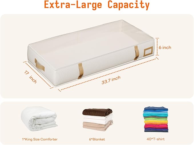 Vailando Under Bed Storage Containers, Foldable Storage Bins for Blankets, Comforter, and Seasonal Clothing, 6 Inches Tall, Beige with Brown Leather Handles, 2-Pack-Ruum Studio Home
