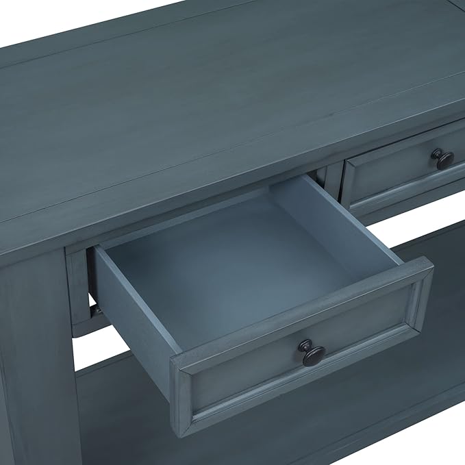 Solid Wood Console Table, Long Sofa Table Entryway Table with 4 Drawers and Bottom Shelf for Hallway Living Room Couch Table,Fully Assembled (63" Navy)-Ruum Studio Home