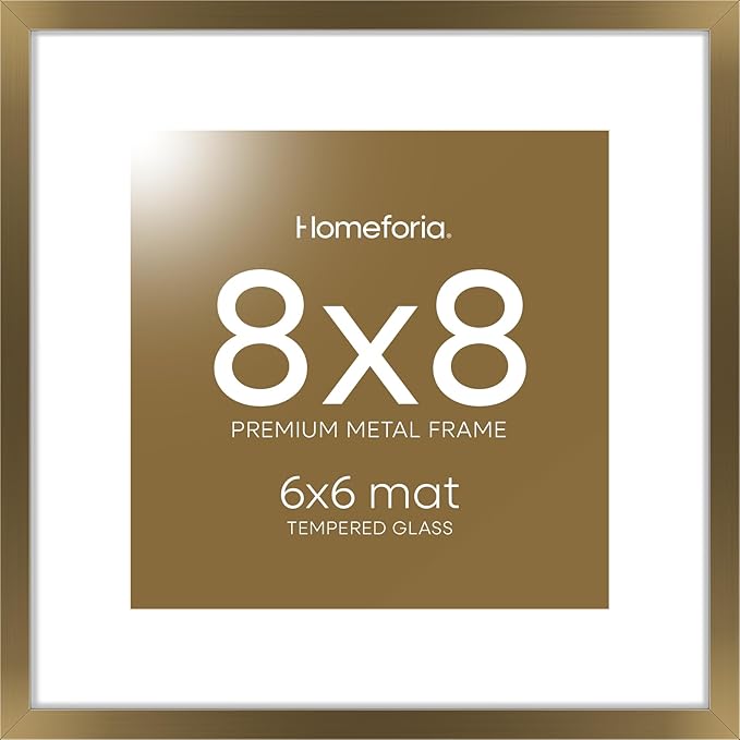 Homeforia 8x8 Picture Frames Bronze, High End Metal 8 x 8 Square Photo Frame with Mat 6 by 6, 8x8 Brass Frame Matted to 6x6 inch Print, 8by8 Wall or Tabletop Frames, Tempered Glass, Wall Kit, Set of 1-Ruum Studio Home