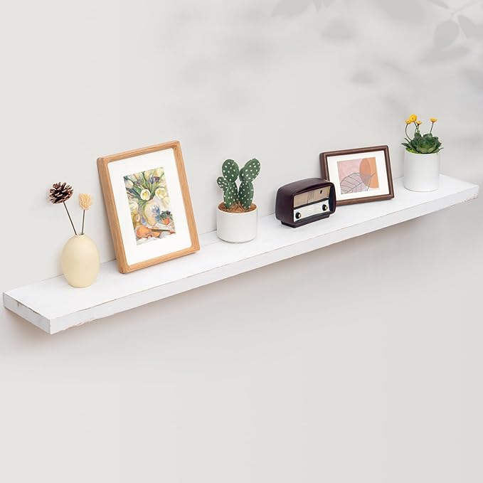 Floating Shelves for Wall, Rustic Elm Wood 56'' W x 8" D Wall Shelf with Invisible Bracket, Large Long Wall Mounted Storage Shelves for Living Room, Bedroom, Kitchen, Bathroom Decor, White Wash-Ruum Studio Home
