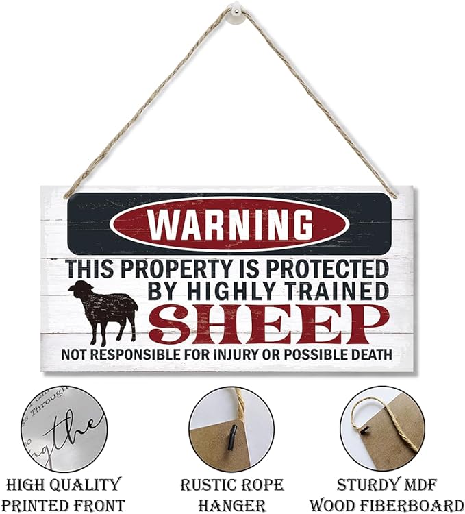 Funny Warning Signs, The Property is Protected By Highly Trained Sheep Sign, Decorative Wood Hanging Wood Plaque, Sheep Wall Decor, Farm Fence Decor, Home Garden Decor for Indoor Outdoor Use-Ruum Studio Home