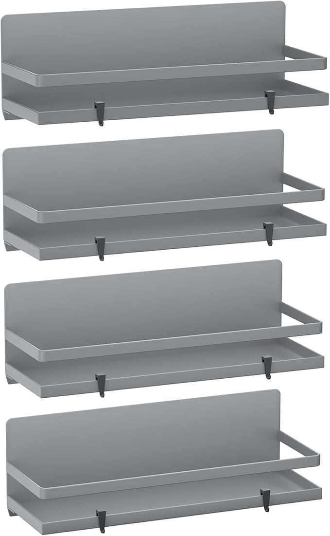 Magnetic Spice Rack for Refrigerator Moveable Magnetic Shelf Organizer Kitchen Seasoning Jars Storage Rack Fridge Magnet Organizer,Grey,4 Packs-Ruum Studio Home