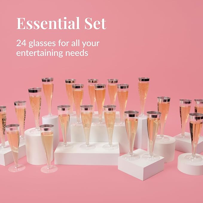 Prestee Set of 24 Silver Glitter Plastic Champagne Flutes - 4.5 oz Capacity - Shatterproof Durable Disposable Glasses - Elegant Design - Ideal for Weddings, Cocktail Parties, and Outdoor Celebrations-Ruum Studio Home