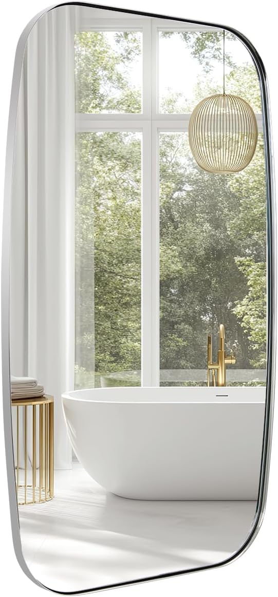 ANDY STAR Chrome Oblong Mirror, 30x48 Inch Polished Chrome Oval Mirror for Bathroom with Stainless Steel Metal Frame, Wall Mouned for Bathroom, Living Room, Entryway-Ruum Studio Home