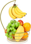 Livabber Countertop Fruit Basket Bowl with Banana Hanger, Modern Standing Fruit Vegetable Bowl Storage, with Banana Tree Holder for Kitchen Dinning Table (Round Marble, Gold)-Ruum Studio Home