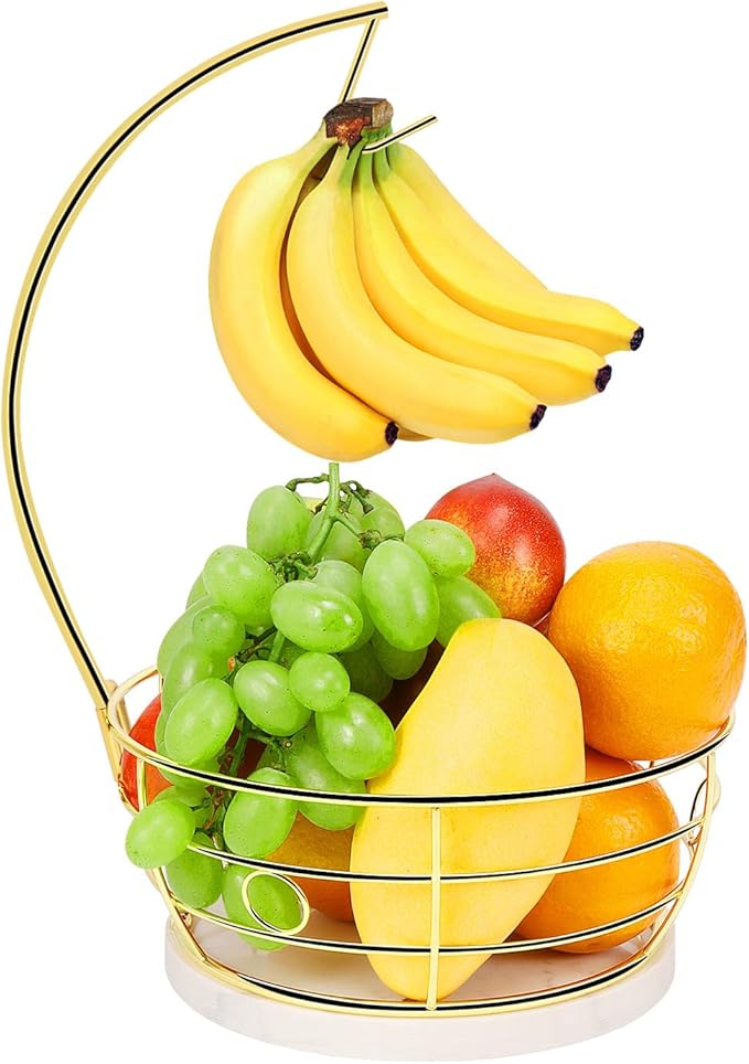 Livabber Countertop Fruit Basket Bowl with Banana Hanger, Modern Standing Fruit Vegetable Bowl Storage, with Banana Tree Holder for Kitchen Dinning Table (Round Marble, Gold)-Ruum Studio Home