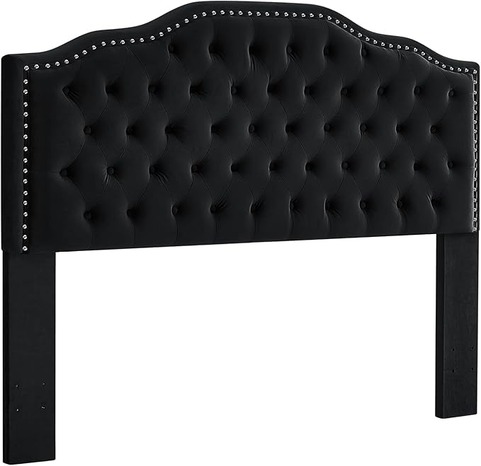 24KF Upholstered Button Tufted Queen Size Full Size Headboard with Nailhead Trim, Soft Velvet Fabric Headboard Queen/Full Size Headboad-Black-Ruum Studio Home